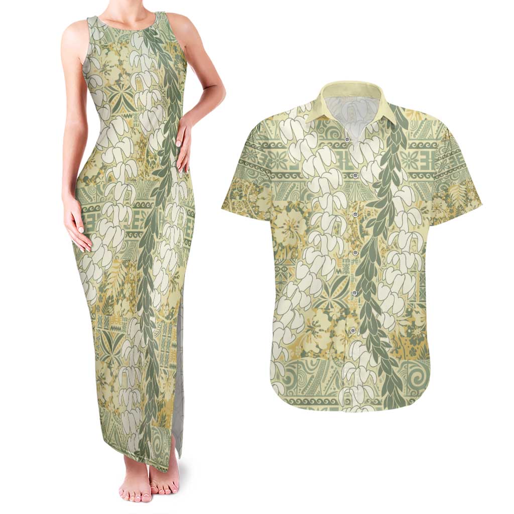 Vintage Puakenikeni and Maile Lei Couples Matching Tank Maxi Dress and Hawaiian Shirt Hawaiian Style Tribal Tapa Double Strand Lei