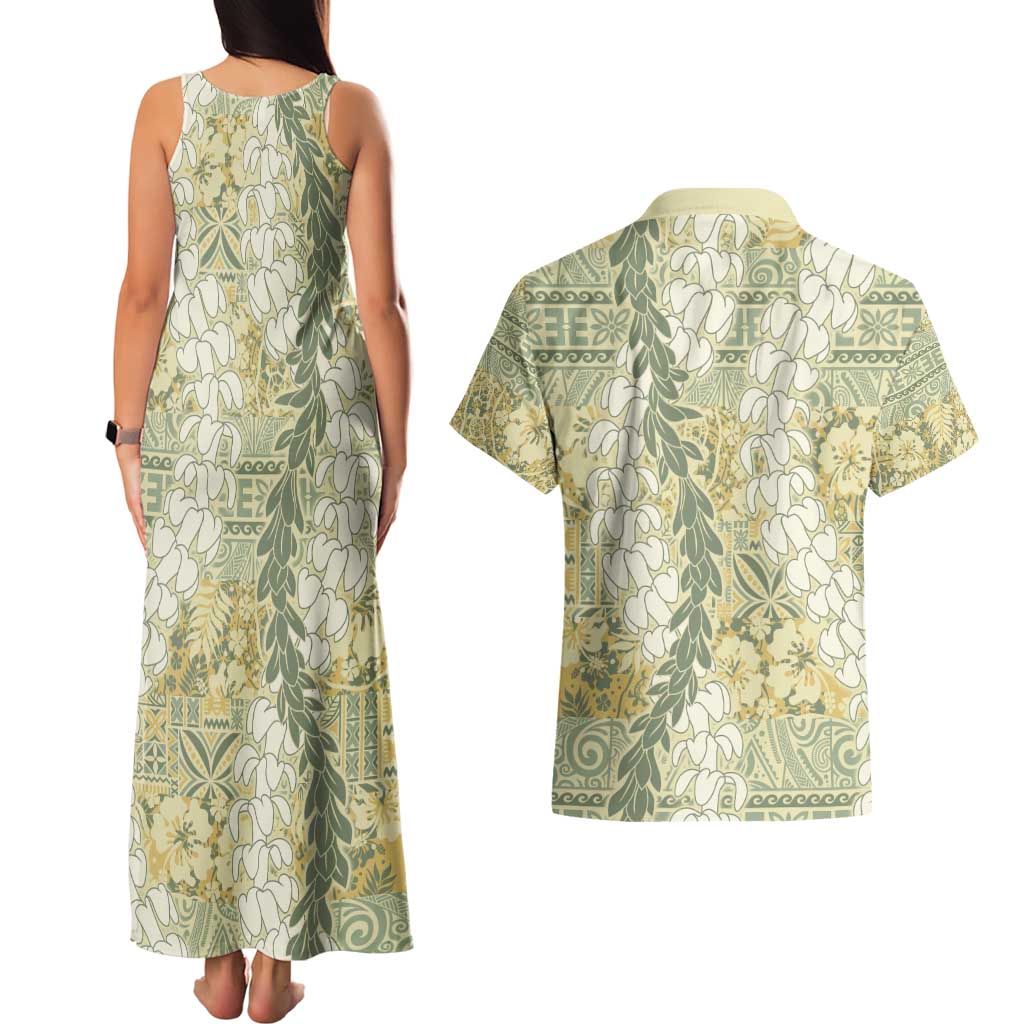Vintage Puakenikeni and Maile Lei Couples Matching Tank Maxi Dress and Hawaiian Shirt Hawaiian Style Tribal Tapa Double Strand Lei