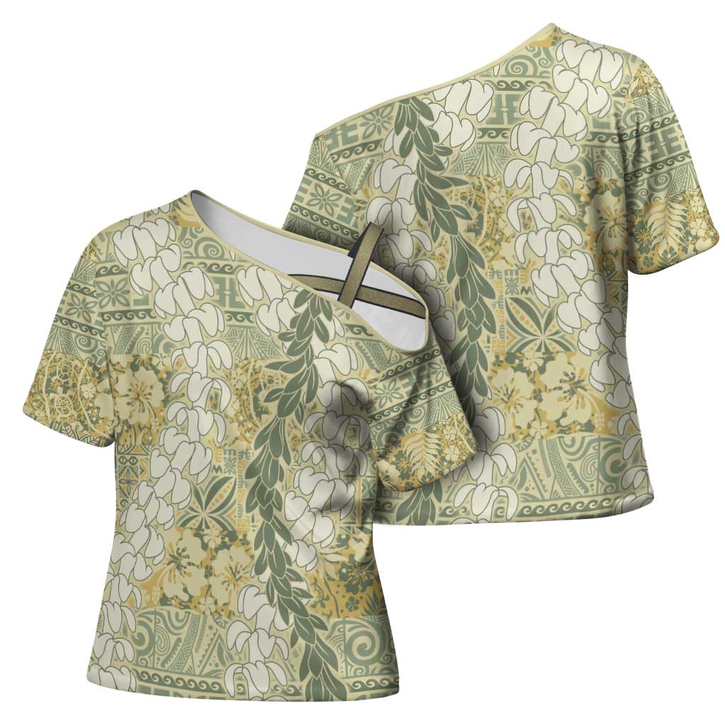 Vintage Puakenikeni and Maile Lei Cross Shoulder Shirt Hawaiian Style Tribal Tapa Double Strand Lei - Polynesian Pride