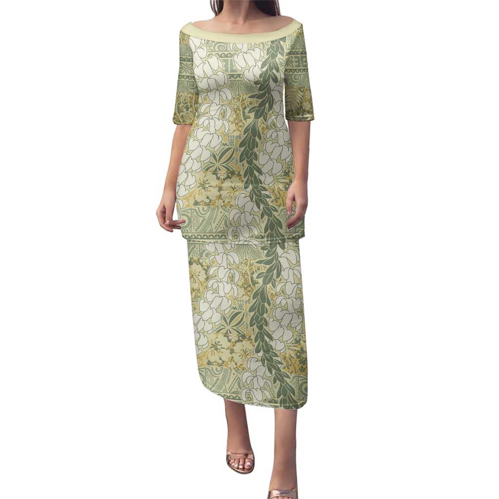 Vintage Puakenikeni and Maile Lei Family Matching Puletasi and Hawaiian Shirt Hawaiian Style Tribal Tapa Double Strand Lei