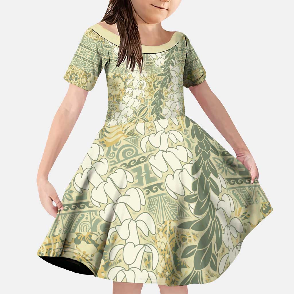 Vintage Puakenikeni and Maile Lei Family Matching Summer Maxi Dress and Hawaiian Shirt Hawaiian Style Tribal Tapa Double Strand Lei