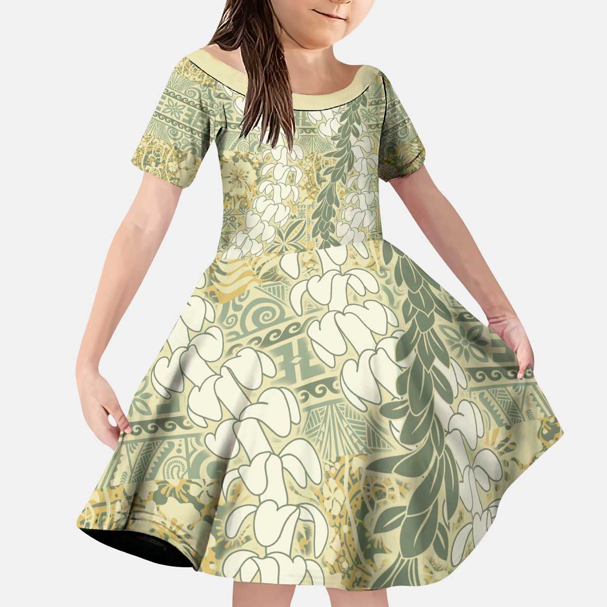 Vintage Puakenikeni and Maile Lei Kid Short Sleeve Dress Hawaiian Style Tribal Tapa Double Strand Lei