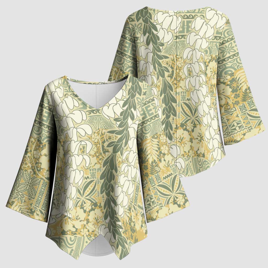 Vintage Puakenikeni and Maile Lei Kimono Sleeve Blouse Hawaiian Style Tribal Tapa Double Strand Lei - Polynesian Pride