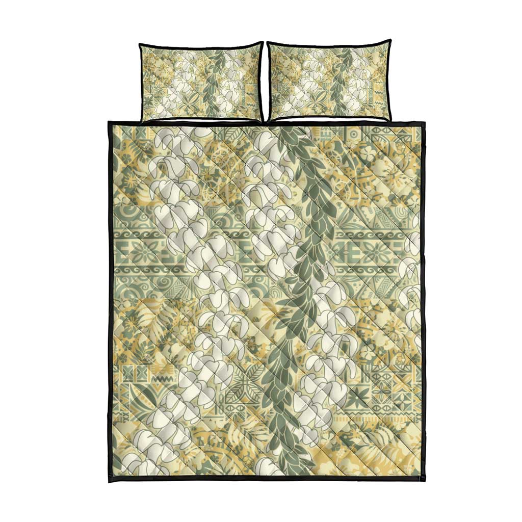 Vintage Puakenikeni and Maile Lei Quilt Bed Set Hawaiian Style Tribal Tapa Double Strand Lei