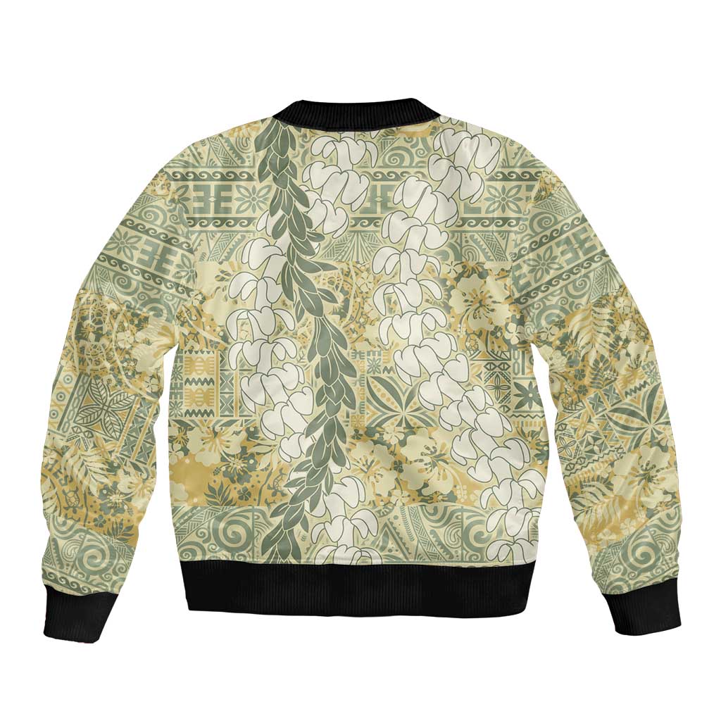 Vintage Puakenikeni and Maile Lei Sleeve Zip Bomber Jacket Hawaiian Style Tribal Tapa Double Strand Lei LT9 - Polynesian Pride