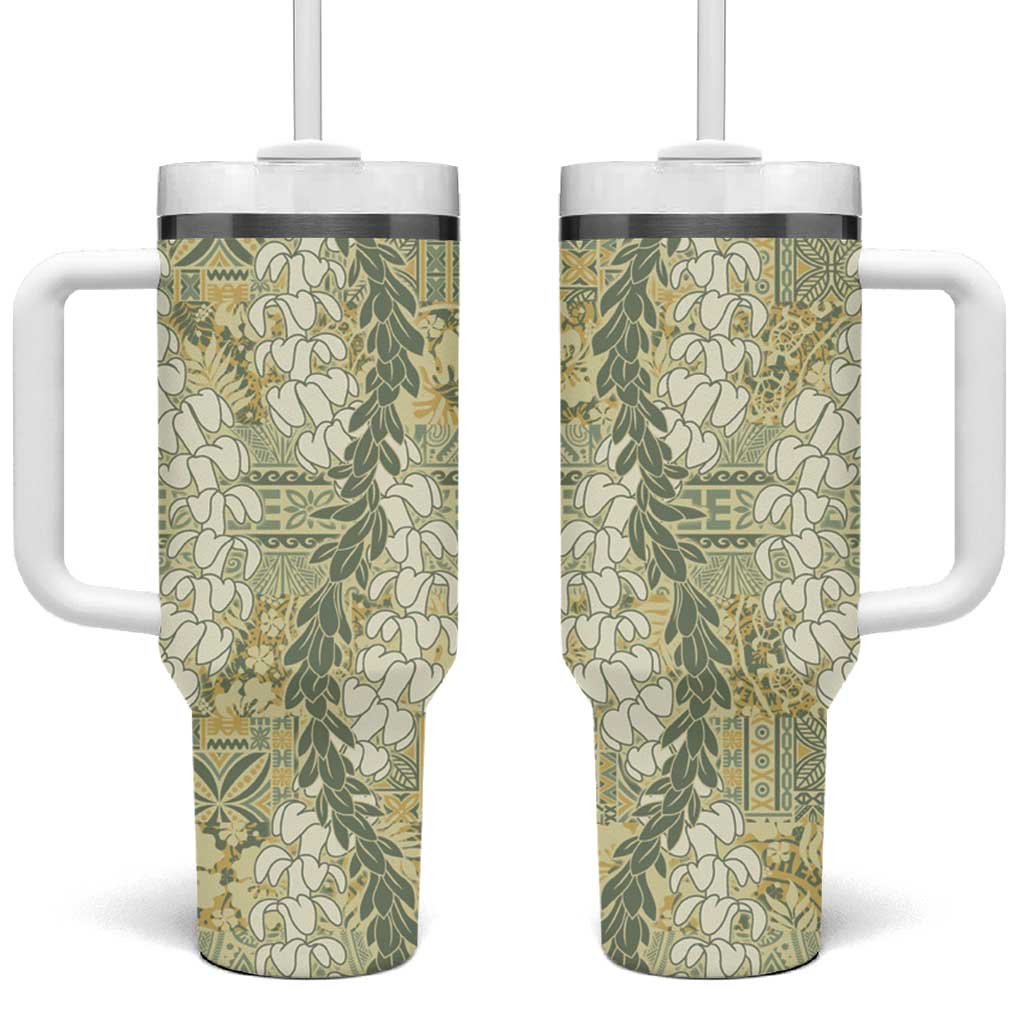Vintage Puakenikeni and Maile Lei Tumbler With Handle Hawaiian Style Tribal Tapa Double Strand Lei