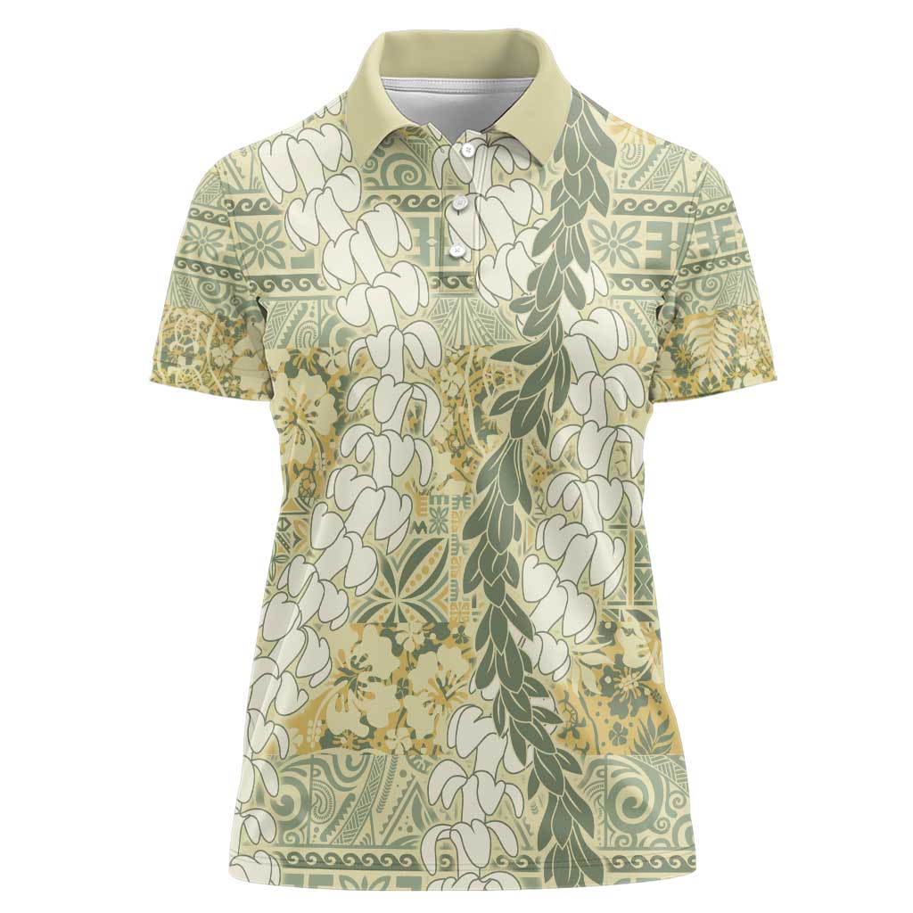 Vintage Puakenikeni and Maile Lei Women Polo Shirt Hawaiian Style Tribal Tapa Double Strand Lei