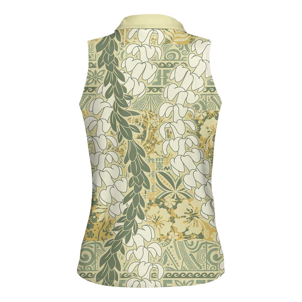 Vintage Puakenikeni and Maile Lei Women Sleeveless Polo Shirt Hawaiian Style Tribal Tapa Double Strand Lei