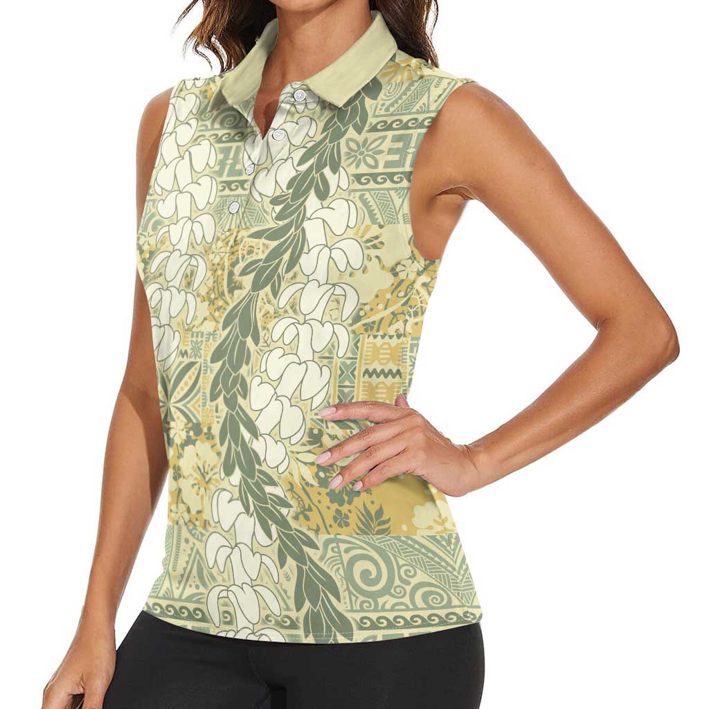 Vintage Puakenikeni and Maile Lei Women Sleeveless Polo Shirt Hawaiian Style Tribal Tapa Double Strand Lei