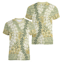 Vintage Puakenikeni and Maile Lei Women V-Neck T-Shirt Hawaiian Style Tribal Tapa Double Strand Lei