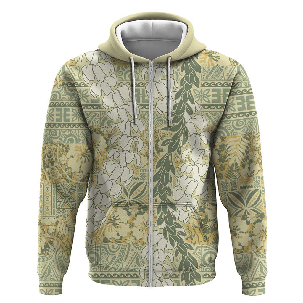 Vintage Puakenikeni and Maile Lei Zip Hoodie Hawaiian Style Tribal Tapa Double Strand Lei