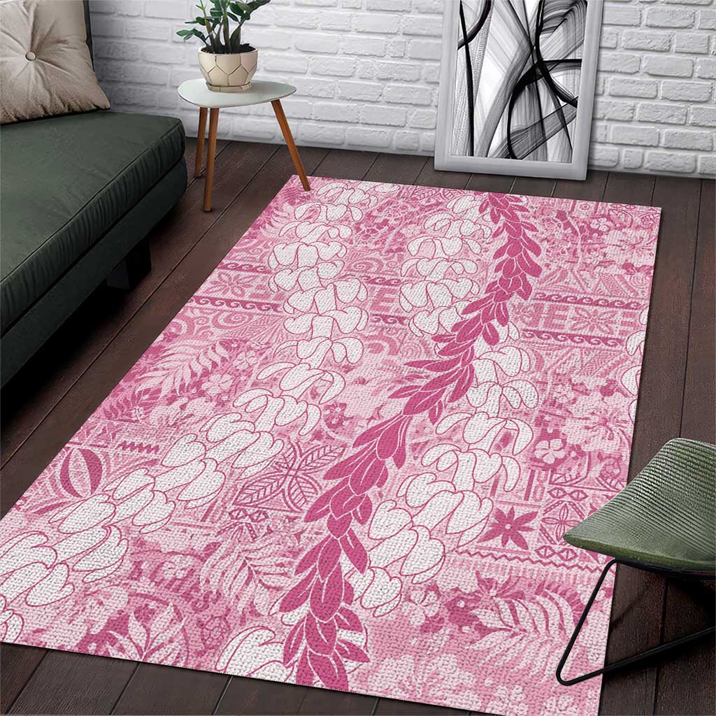 Pink Puakenikeni and Maile Lei Area Rug Hawaiian Style Tribal Tapa Double Strand Lei