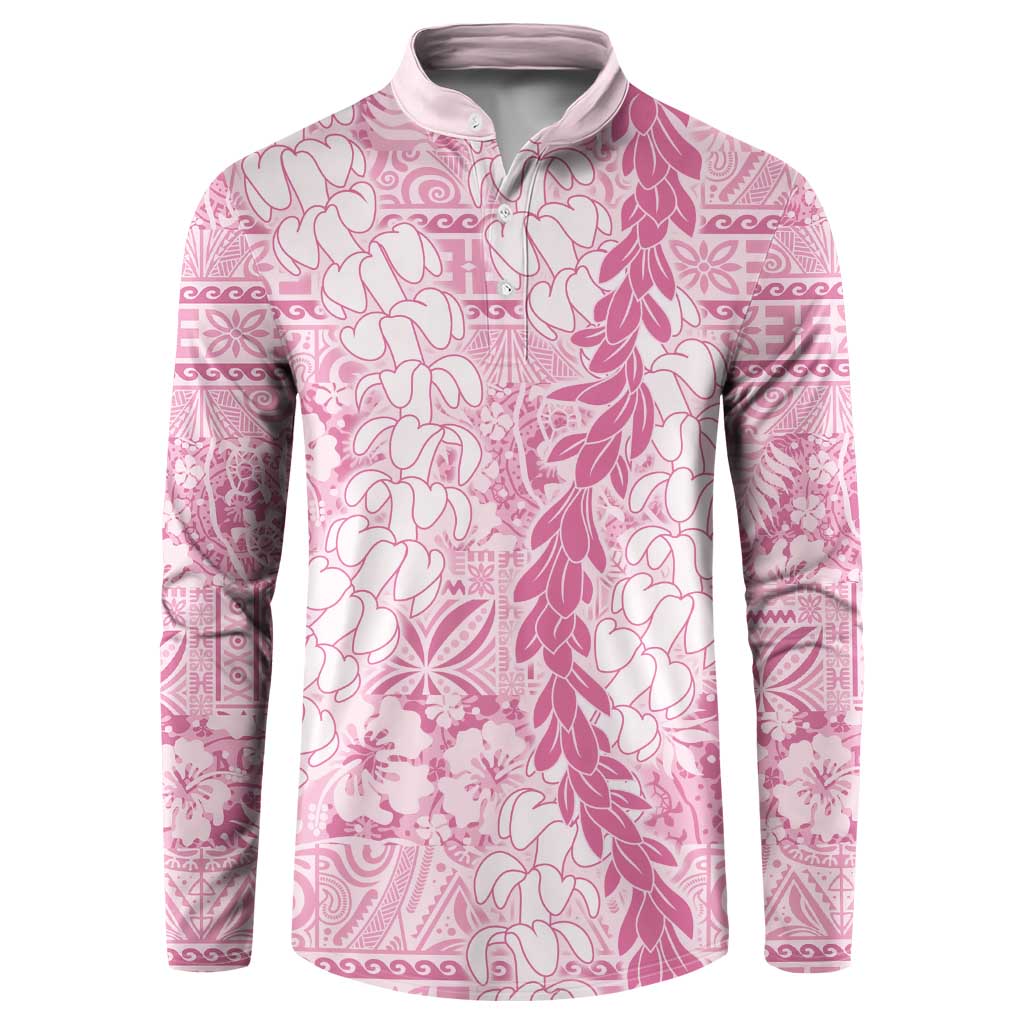 Pink Puakenikeni and Maile Lei Button Sweatshirt Hawaiian Style Tribal Tapa Double Strand Lei