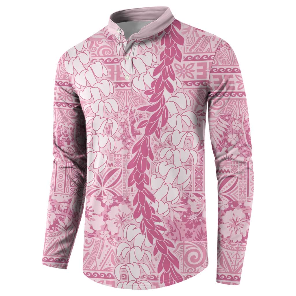 Pink Puakenikeni and Maile Lei Button Sweatshirt Hawaiian Style Tribal Tapa Double Strand Lei