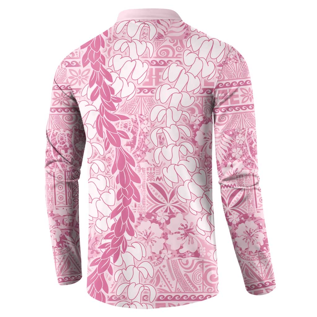 Pink Puakenikeni and Maile Lei Button Sweatshirt Hawaiian Style Tribal Tapa Double Strand Lei