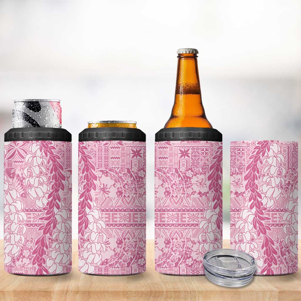 Pink Puakenikeni and Maile Lei 4 in 1 Can Cooler Tumbler Hawaiian Style Tribal Tapa Double Strand Lei
