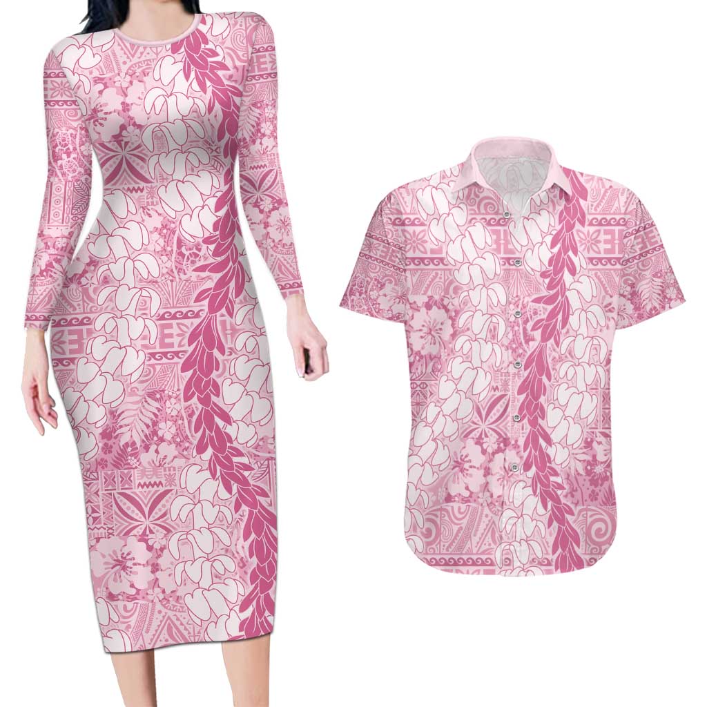 Pink Puakenikeni and Maile Lei Couples Matching Long Sleeve Bodycon Dress and Hawaiian Shirt Hawaiian Style Tribal Tapa Double Strand Lei
