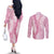 Pink Puakenikeni and Maile Lei Couples Matching Off The Shoulder Long Sleeve Dress and Long Sleeve Button Shirt Hawaiian Style Tribal Tapa Double Strand Lei