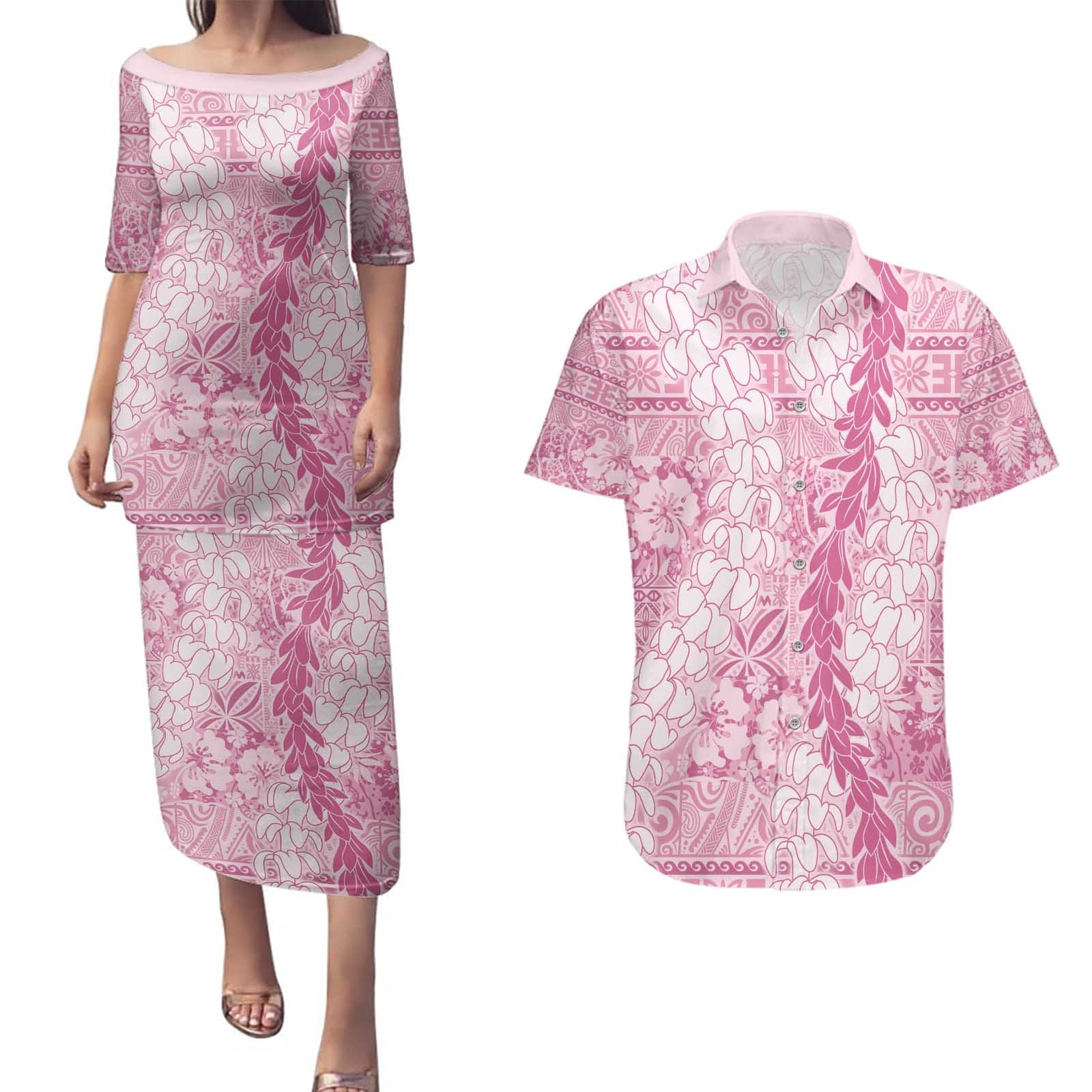 Pink Puakenikeni and Maile Lei Couples Matching Puletasi and Hawaiian Shirt Hawaiian Style Tribal Tapa Double Strand Lei