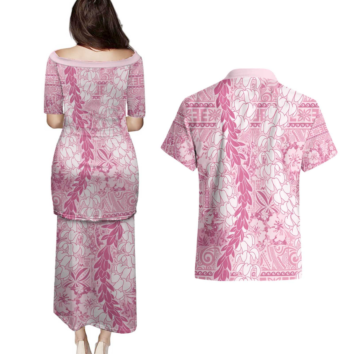 Pink Puakenikeni and Maile Lei Couples Matching Puletasi and Hawaiian Shirt Hawaiian Style Tribal Tapa Double Strand Lei