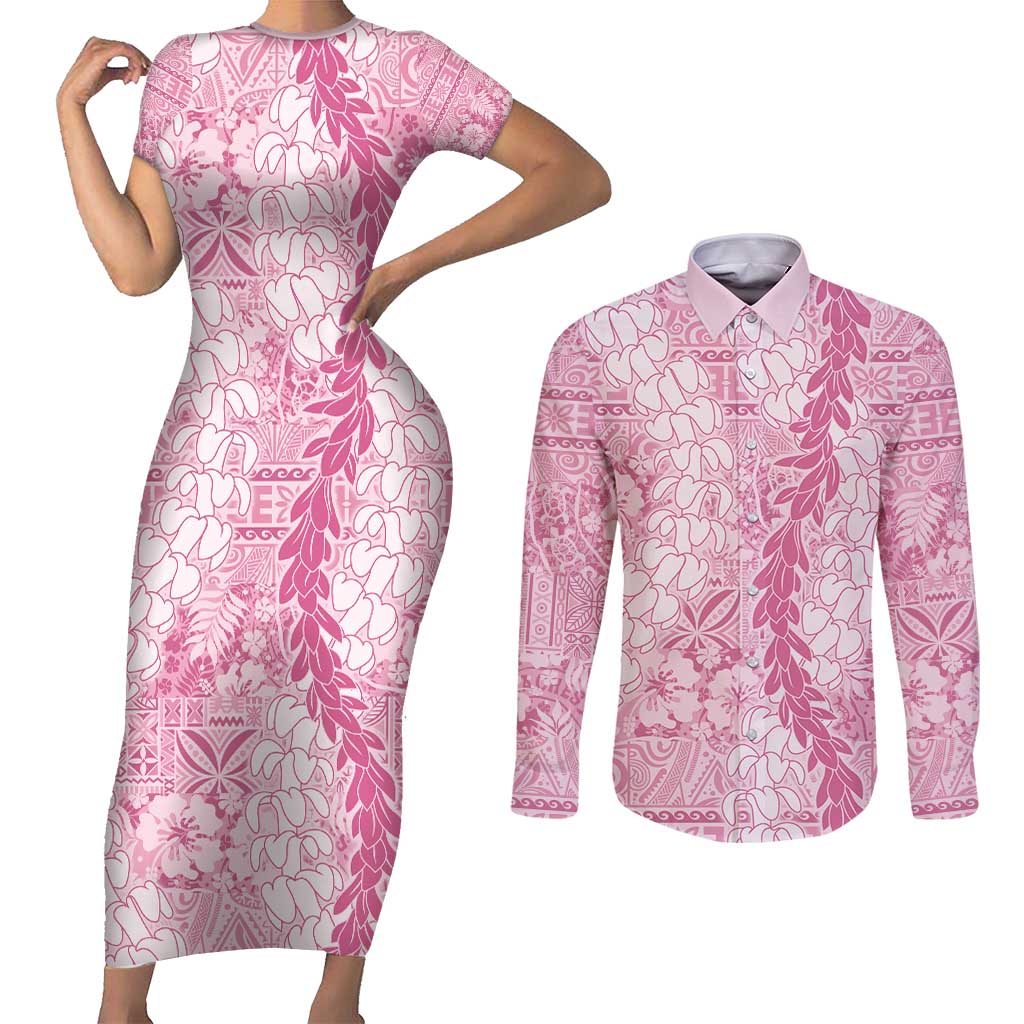 Pink Puakenikeni and Maile Lei Couples Matching Short Sleeve Bodycon Dress and Long Sleeve Button Shirt Hawaiian Style Tribal Tapa Double Strand Lei LT9 Pink - Polynesian Pride