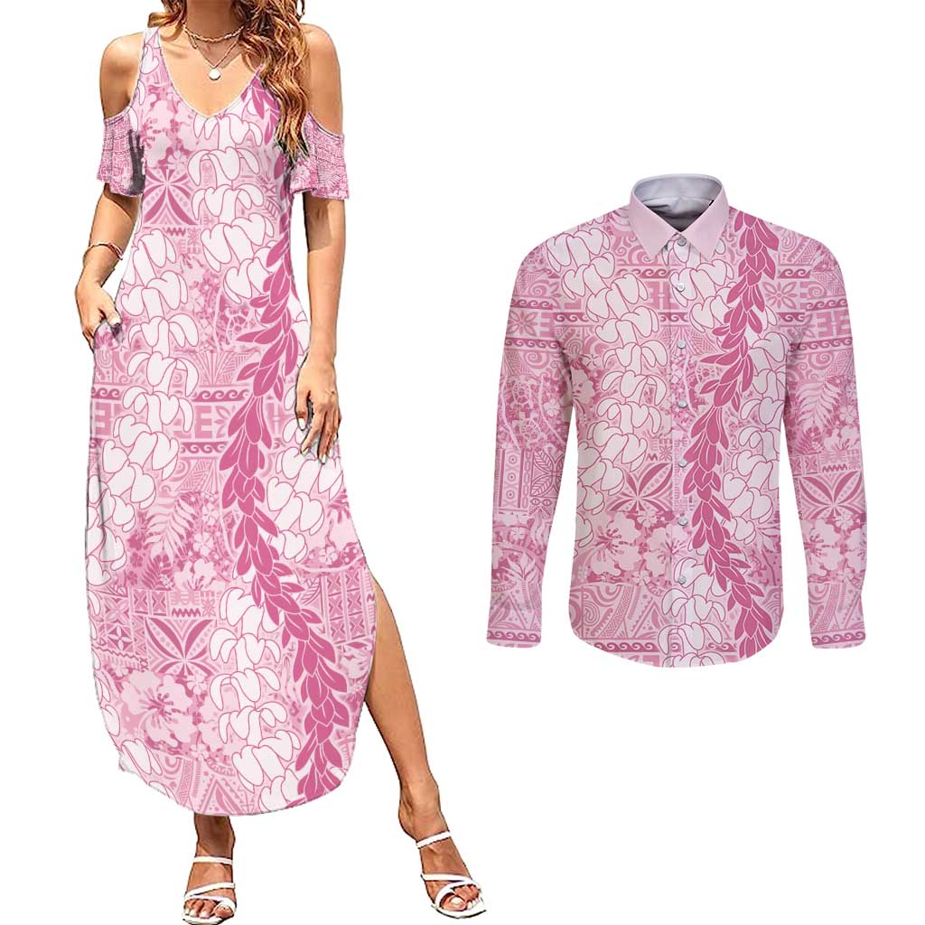 Pink Puakenikeni and Maile Lei Couples Matching Summer Maxi Dress and Long Sleeve Button Shirt Hawaiian Style Tribal Tapa Double Strand Lei