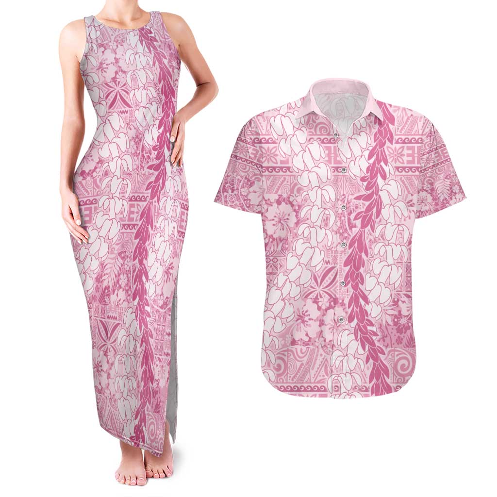 Pink Puakenikeni and Maile Lei Couples Matching Tank Maxi Dress and Hawaiian Shirt Hawaiian Style Tribal Tapa Double Strand Lei