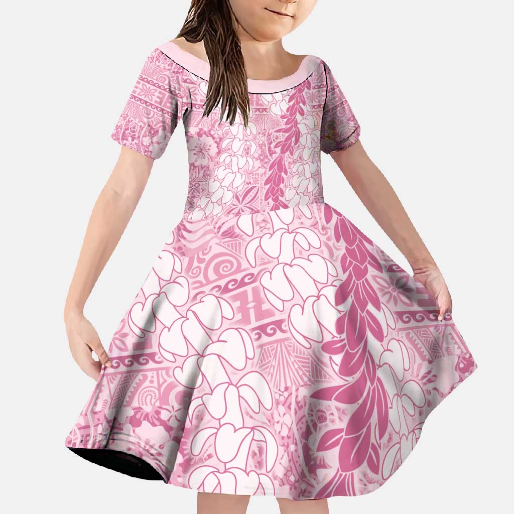 Pink Puakenikeni and Maile Lei Family Matching Mermaid Dress and Hawaiian Shirt Hawaiian Style Tribal Tapa Double Strand Lei LT9 Daughter's Dress Pink - Polynesian Pride
