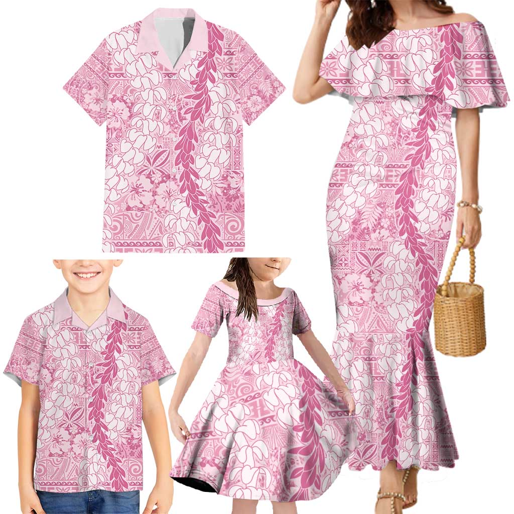 Pink Puakenikeni and Maile Lei Family Matching Mermaid Dress and Hawaiian Shirt Hawaiian Style Tribal Tapa Double Strand Lei