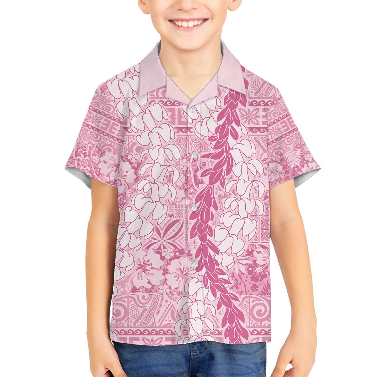 Pink Puakenikeni and Maile Lei Family Matching Off The Shoulder Long Sleeve Dress and Hawaiian Shirt Hawaiian Style Tribal Tapa Double Strand Lei