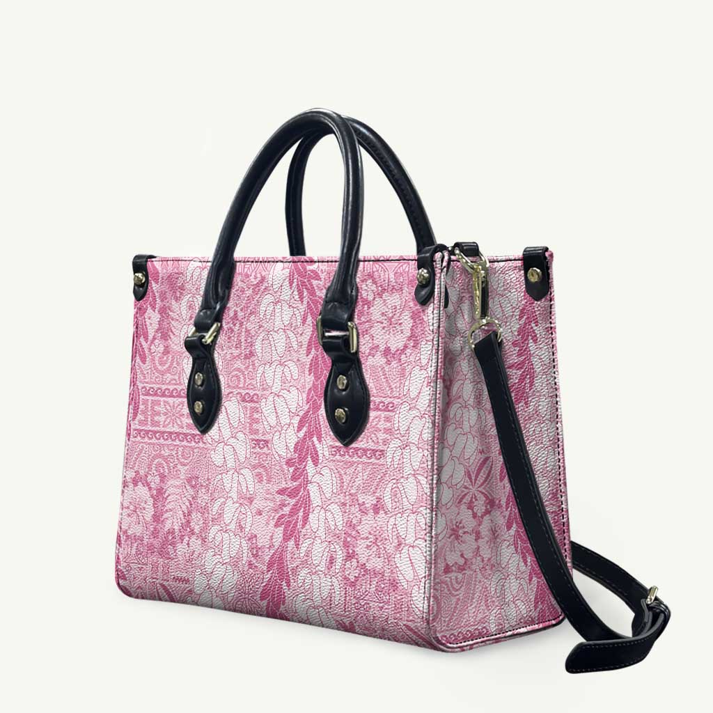 Pink Puakenikeni and Maile Lei Leather Bag Hawaiian Style Tribal Tapa Double Strand Lei - Polynesian Pride