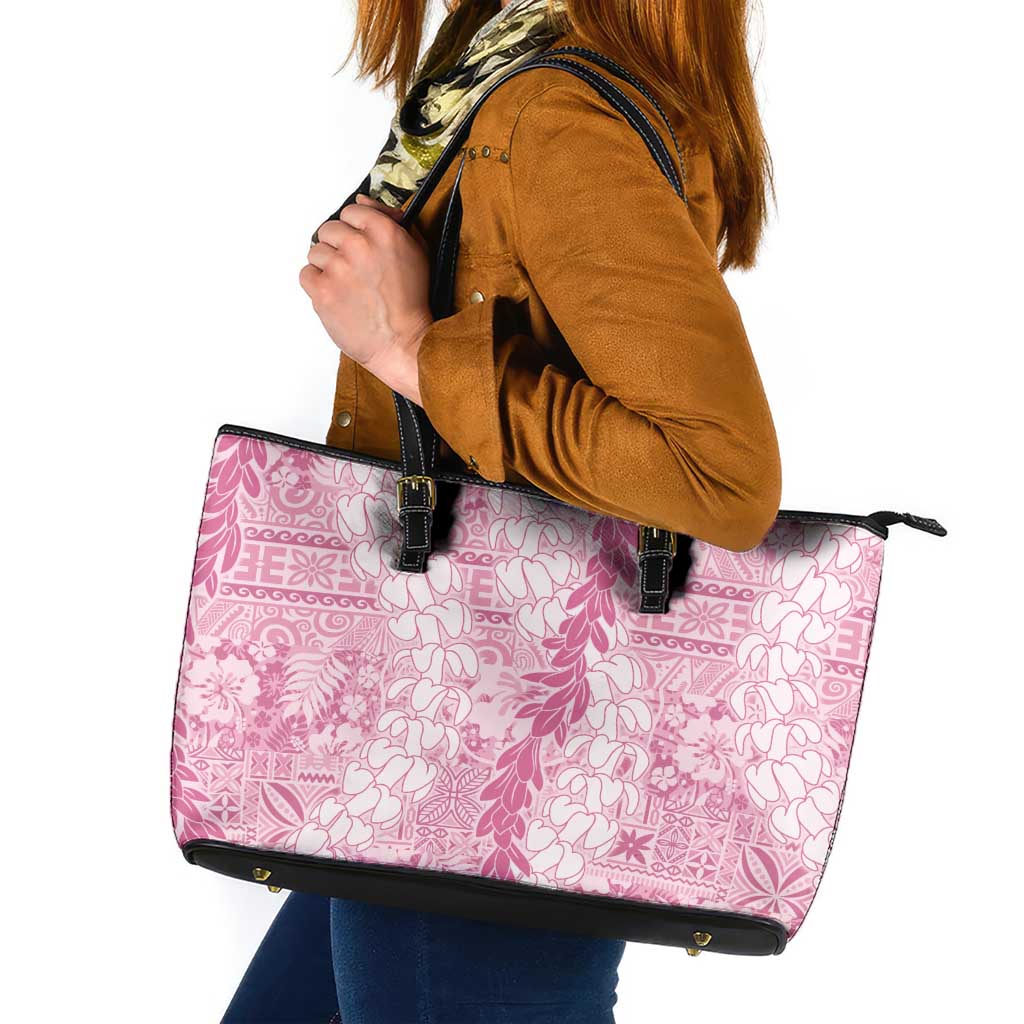 Pink Puakenikeni and Maile Lei Leather Tote Bag Hawaiian Style Tribal Tapa Double Strand Lei