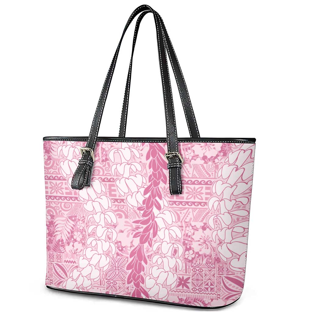Pink Puakenikeni and Maile Lei Leather Tote Bag Hawaiian Style Tribal Tapa Double Strand Lei