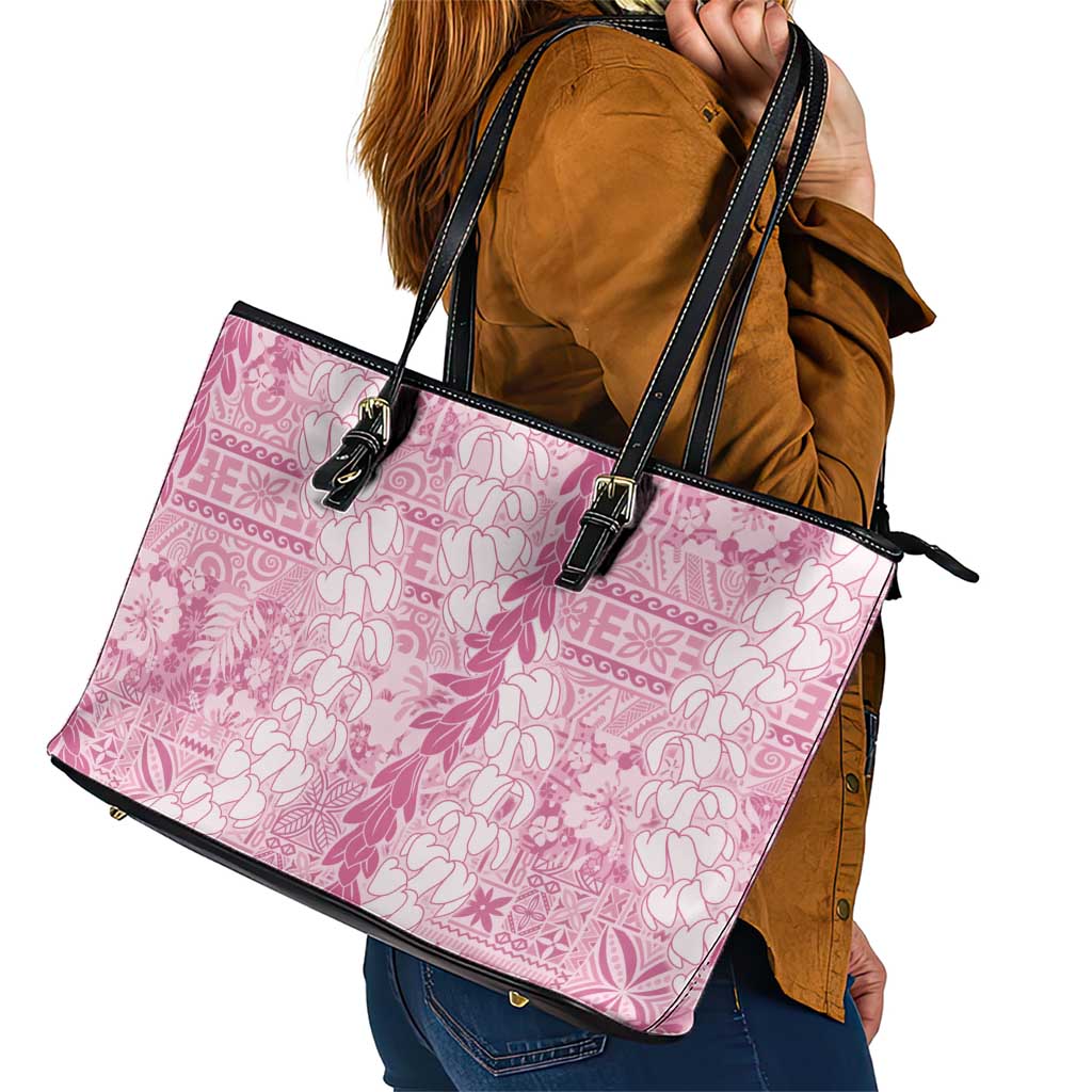 Pink Puakenikeni and Maile Lei Leather Tote Bag Hawaiian Style Tribal Tapa Double Strand Lei