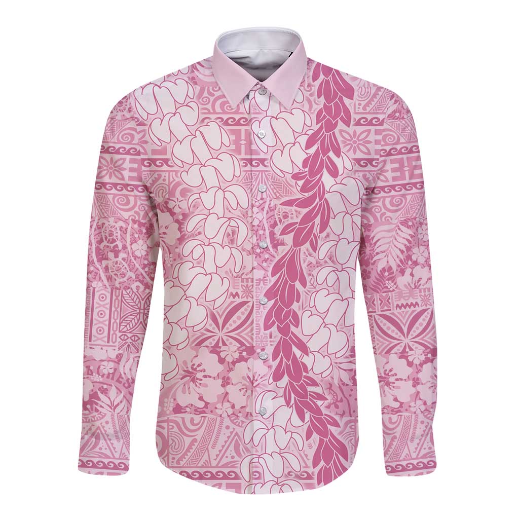 Pink Puakenikeni and Maile Lei Long Sleeve Button Shirt Hawaiian Style Tribal Tapa Double Strand Lei