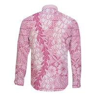 Pink Puakenikeni and Maile Lei Long Sleeve Button Shirt Hawaiian Style Tribal Tapa Double Strand Lei
