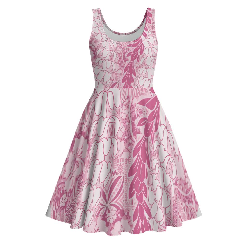 Pink Puakenikeni and Maile Lei Midi Dress Hawaiian Style Tribal Tapa Double Strand Lei - Polynesian Pride