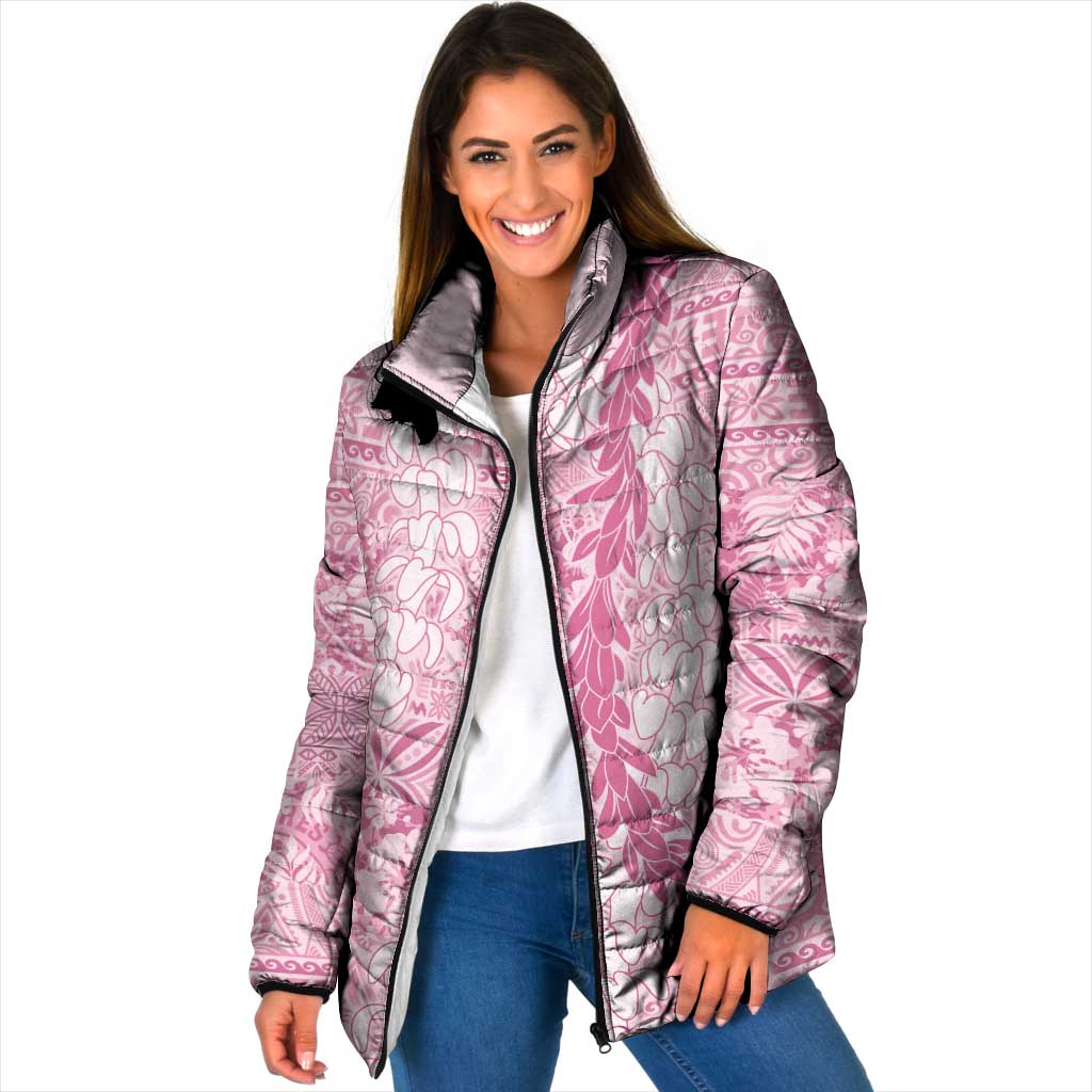 Pink Puakenikeni and Maile Lei Padded Jacket Hawaiian Style Tribal Tapa Double Strand Lei - Polynesian Pride