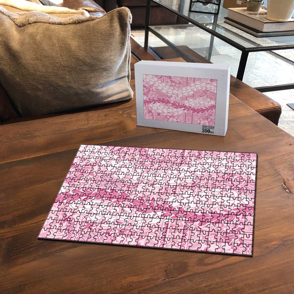 Pink Puakenikeni and Maile Lei Puzzle Hawaiian Style Tribal Tapa Double Strand Lei - Polynesian Pride