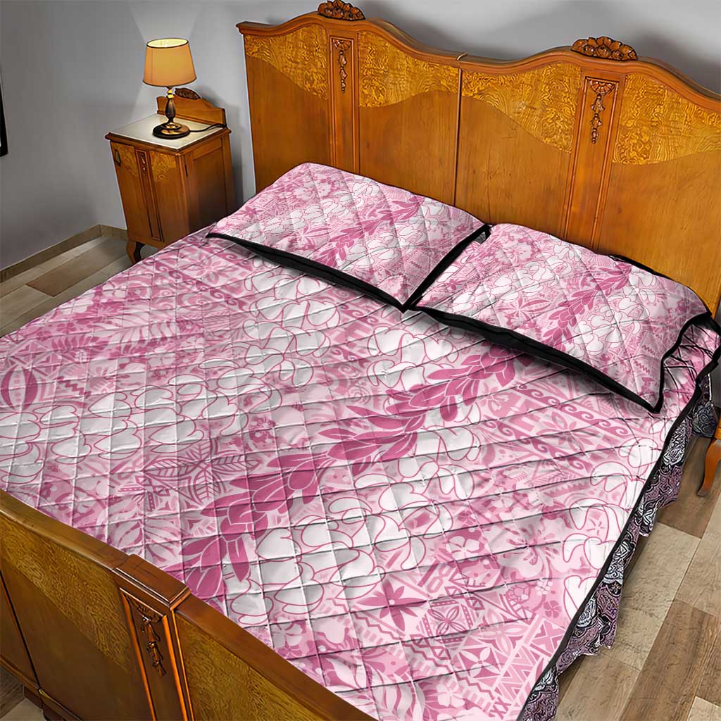 Pink Puakenikeni and Maile Lei Quilt Bed Set Hawaiian Style Tribal Tapa Double Strand Lei