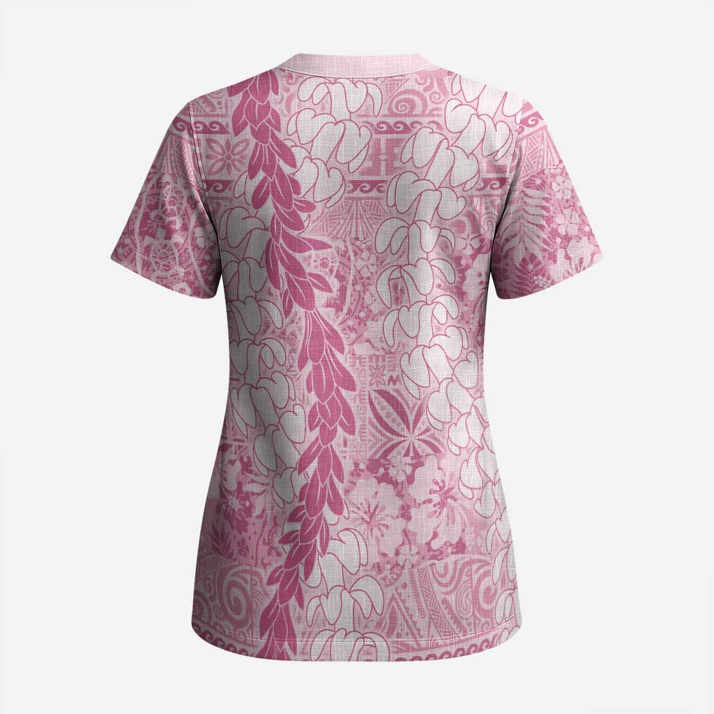 Pink Puakenikeni and Maile Lei Scrub Top Hawaiian Style Tribal Tapa Double Strand Lei - Polynesian Pride