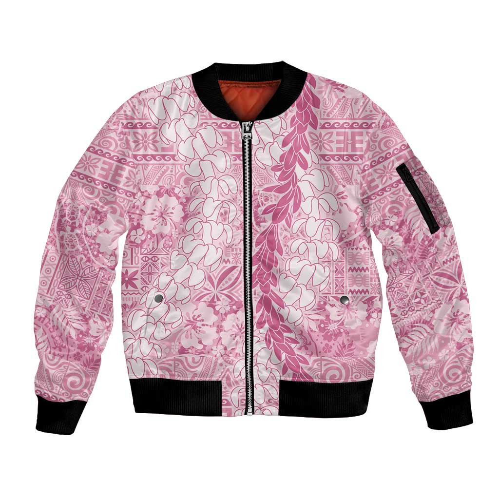 Pink Puakenikeni and Maile Lei Sleeve Zip Bomber Jacket Hawaiian Style Tribal Tapa Double Strand Lei