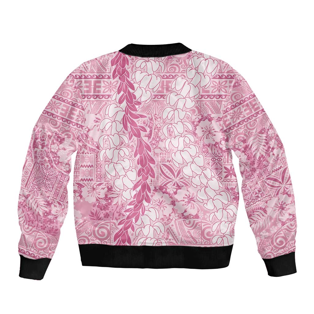 Pink Puakenikeni and Maile Lei Sleeve Zip Bomber Jacket Hawaiian Style Tribal Tapa Double Strand Lei LT9 - Polynesian Pride