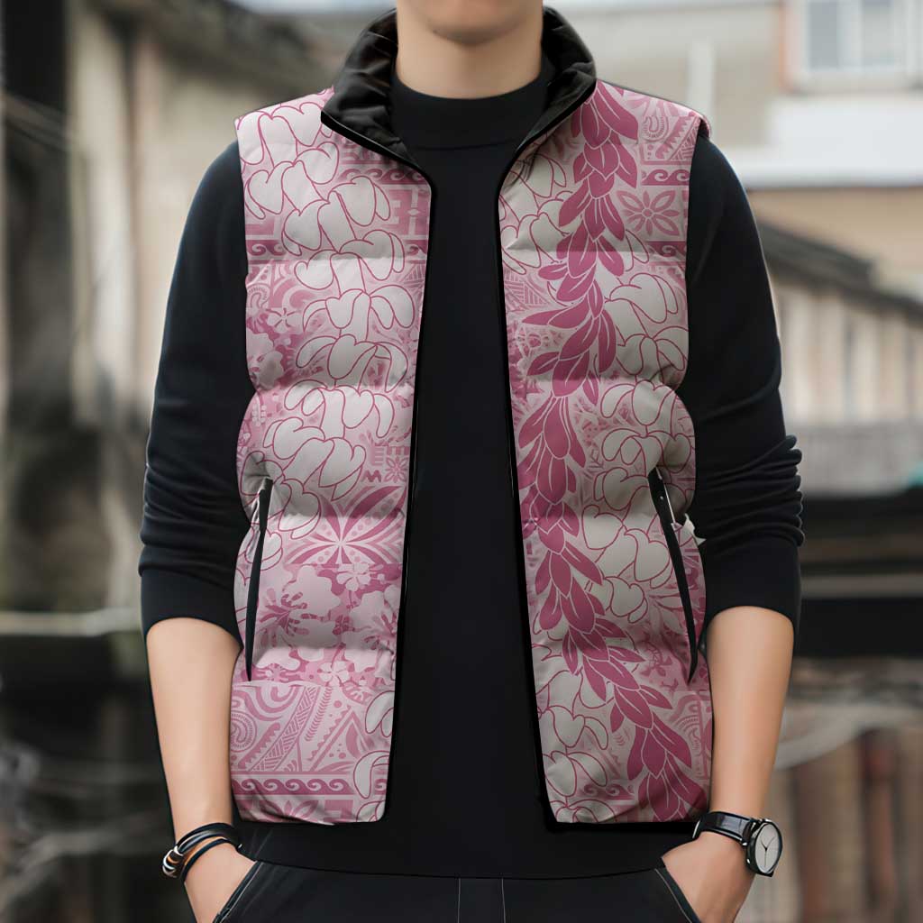 Pink Puakenikeni and Maile Lei Sleeveless Puffer Jacket Hawaiian Style Tribal Tapa Double Strand Lei - Polynesian Pride