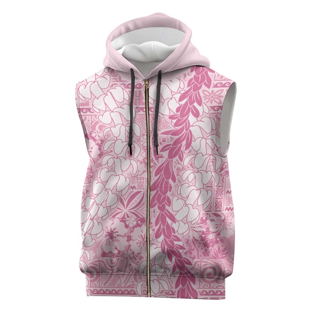 Pink Puakenikeni and Maile Lei Sleeveless Zip Hoodie Hawaiian Style Tribal Tapa Double Strand Lei - Polynesian Pride