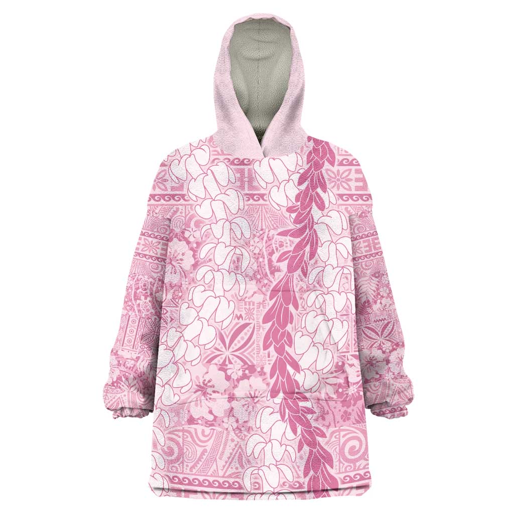 Pink Puakenikeni and Maile Lei Wearable Blanket Hoodie Hawaiian Style Tribal Tapa Double Strand Lei