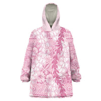 Pink Puakenikeni and Maile Lei Wearable Blanket Hoodie Hawaiian Style Tribal Tapa Double Strand Lei