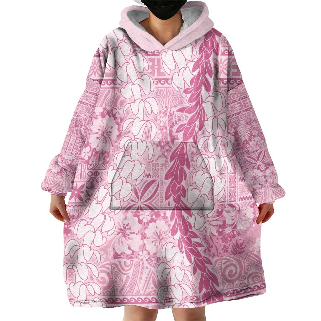 Pink Puakenikeni and Maile Lei Wearable Blanket Hoodie Hawaiian Style Tribal Tapa Double Strand Lei