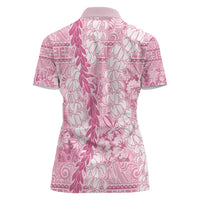 Pink Puakenikeni and Maile Lei Women Polo Shirt Hawaiian Style Tribal Tapa Double Strand Lei