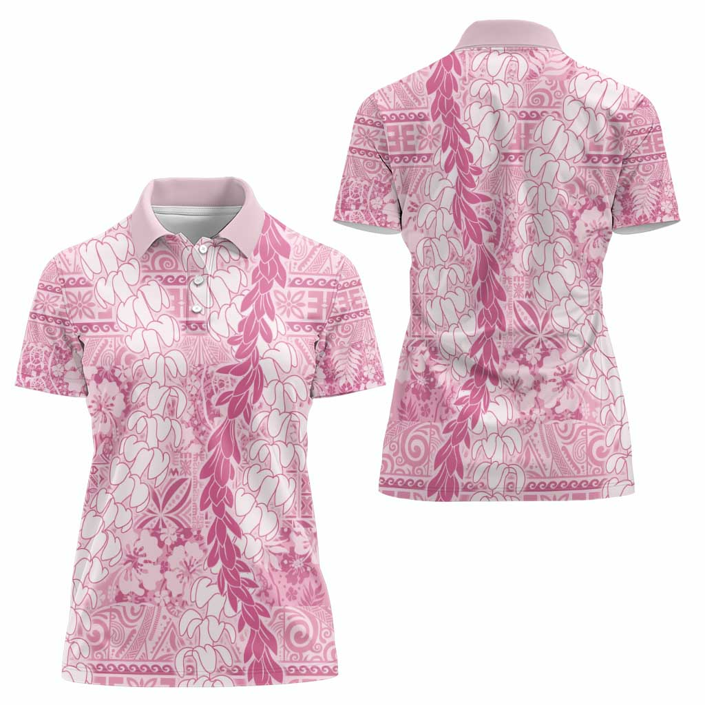 Pink Puakenikeni and Maile Lei Women Polo Shirt Hawaiian Style Tribal Tapa Double Strand Lei